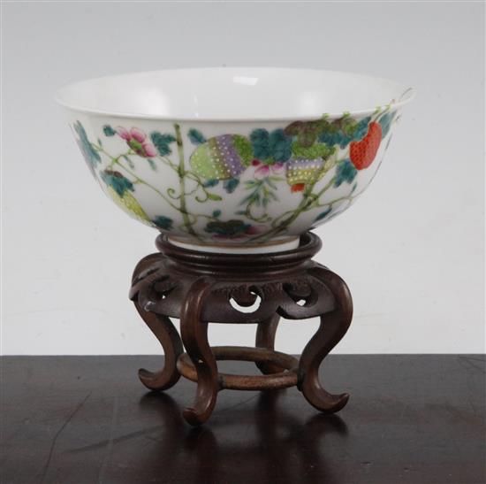 A Chinese famille rose lychees bowl, Guangxu mark and of the period (1875-1908), 13.5cm., wood stand